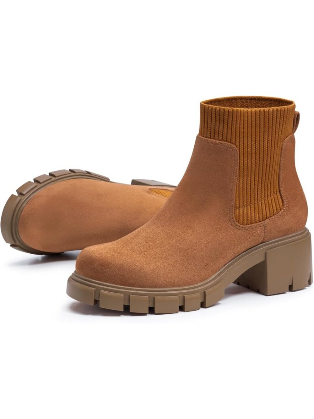 Women's Brown Suede Chelsea Ankle Chunky Heel Lug Sole Comfy Booties